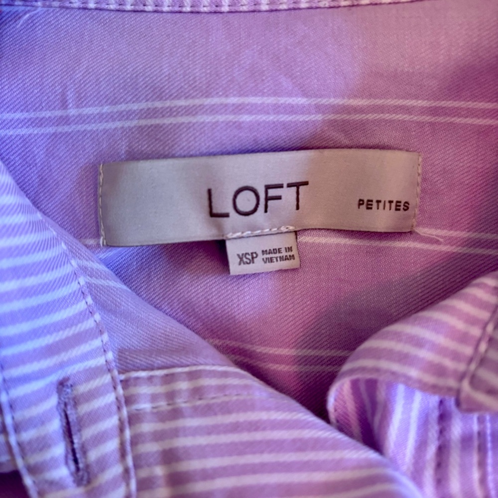 Loft Striped lavender and white Cotton Shirt dress. 3/4 length sleeves. - Picture 5 of 10